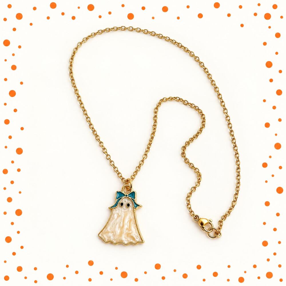 Cute Ghost Pendant Necklace Purple Bow Gold Tone Halloween Jewelry N487